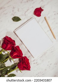 Greeting Card For Holiday Text. Red Roses On Marble Background, White Blank Sheet. Top View, Flatlay