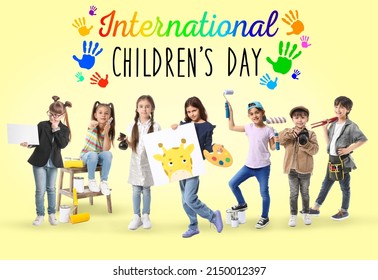 Greeting Card For International Children's Day With Many Kids In Uniforms Of Different Professions