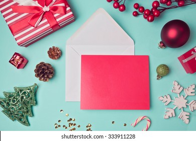 Greeting Card Mock Up Template With Christmas Decorations. View From Above