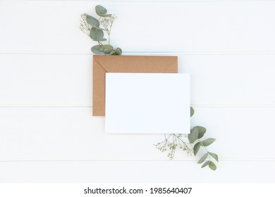 Greeting Card Mockup With Craft Envelope With Eucalyptus.   Card Mock-up 