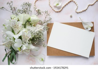  Greeting Card Mockup. Small Bouquet Of White Flowers And Space For Text 