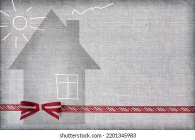 Greeting Card Or Poster For Independence Day Of Latvia In 18 Of November Or 4 Of May With Shape Of Home And Lielvarde Belt Bow And Hand Drawing With Window, Sun And Steam From Chimney