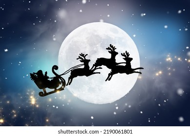 Greeting card with Santa Claus flying across night sky with full moon and stars on sleigh pulled by three reindeer.Santa's black silhouette isolated on magical background.Christmas,New year concept - Powered by Shutterstock