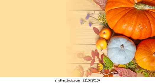 Greeting Card For Thanksgiving Day, Harvest Festival Or Other Autumn Holiday With Bright Ripe Orange Pumpkins And Fallen Leaves With Free Space For Text. Postcard, Banner. Flat Lay, Copy Space, Mockup