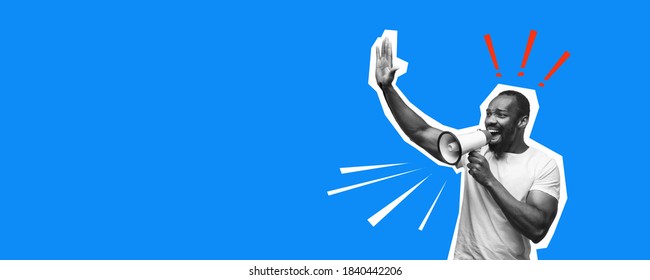 Greeting emotional african-american man. Collage in magazine style with bright blue background. Flyer with trendy colors, copyspace for ad. Discount, sales season, fashion and style concept. - Shutterstock ID 1840442206
