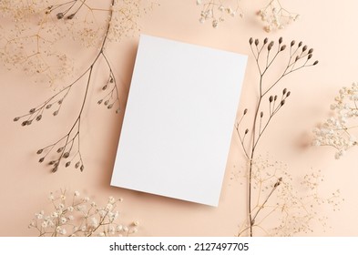 Greeting or invitation card mockup with dry natural plants twigs on beige background - Shutterstock ID 2127497705