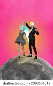 Greeting picture collage of enamored soulmates dancing first waltz swing love moon and back isolated on drawing pink background