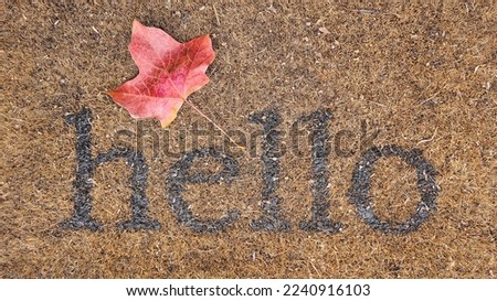 “Hello” greeting text with an autumn leaf