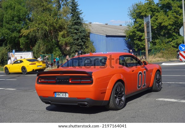 Grefrath,germany-August 28,2022:2019\
Dodge Challenger 392 at Grefrath US Cars show 2022,is the third\
generation produced by American automobile manufacturer Dodge since\
2008