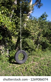 Gregory River, Queensland / Australia - September 22 2018: Tyre Swing Hanging From A Tree Branch On A Rope With Trees Behind And Grass Below.