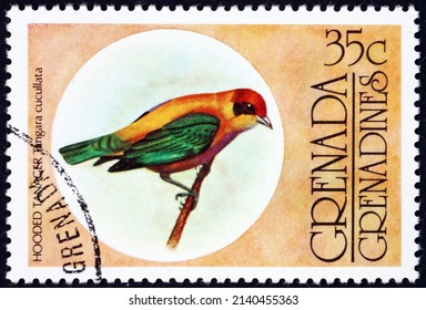 GRENADA AND GRENADINES - CIRCA 1976: A Stamp Printed In Grenada Shows Hooded Tanager, Nemosia Pileata, A Bird, Circa 1976