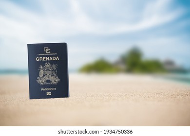 Grenada Passport On The Beach Sand ,Space For Writing