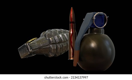 Grenades And One Bloody Rifle Bullet Isolated On Black