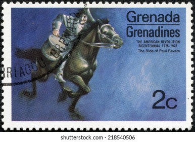 GRENADINES OF GRENADA - CIRCA 1975: A stamp printed in Grenada from the "Bicentenary of American Revolution (1976)" 1st issue shows Paul Revere's ride, circa 1975.