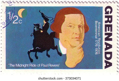 GRENADINES OF GRENADA - CIRCA 1976: A stamp printed in Grenada from the "Bicentenary of American Revolution"  shows Paul Revere's ride, circa 1976.