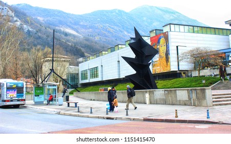 Grenoble, France, March 29, 2018 : Grenoble Urban View: Modern Museum, Mountains, Art And People 