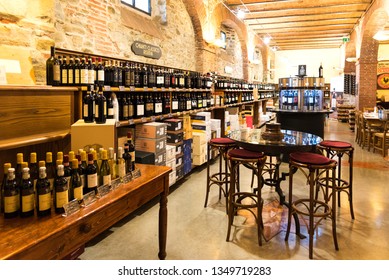 Greve in Chianti, Italy - April 21, 2018: Enoteca Falorni, the largest enoteca in Tuscany located in the historical centre of Greve in Chianti, Italy.