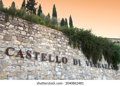 Greve in Chianti, September 2021: Stone wall at the entrance of the Verrazzano Castle located between Florence and Siena, in the territory of Greve in Chianti. Chianti Classico Area. Italy