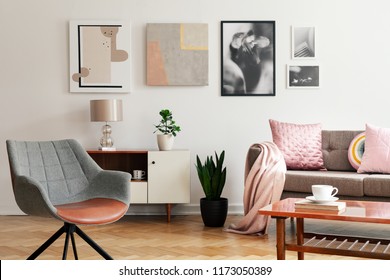 Grey armchair in living room interior with lamp and plant on cabinet next to beige sofa. Real photo