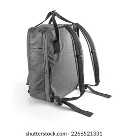 Grey backpack for everyday use with different pockets and laptop compartment. Side view on white background. - Shutterstock ID 2266521331