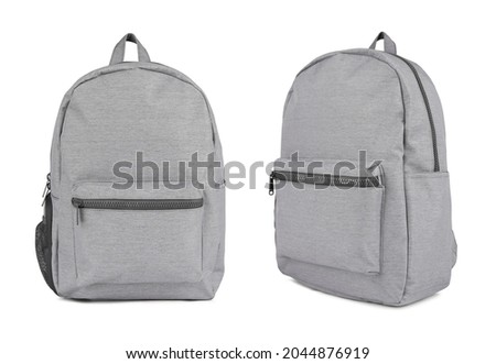 Grey backpack on isolated background, bag front and side view