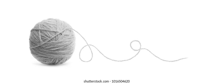 Grey Ball Of Threads Wool Yarn Isolated On White Background