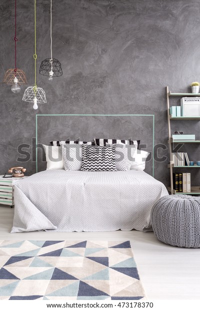 Grey Bedroom Carpet Stylish Pendant Lamp Royalty Free