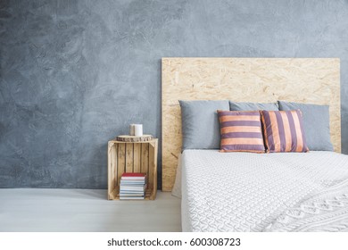 Grey Bedroom With Diy, Wood Bed And Crate Side Table