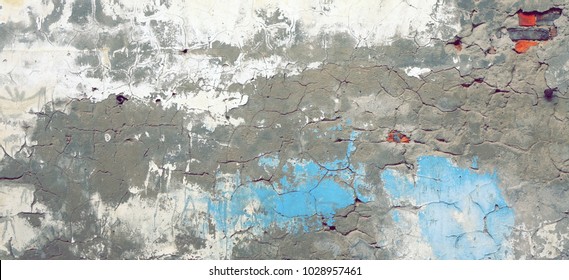 Grey Blue Distressed Old Brick Wall With Graffiti Street Art Rough Background Or Grunge Texture. Shabby Vintage Concrete Wall With Painted Drawing. Abstract Web Banner. Grungy Grafitty Design Element