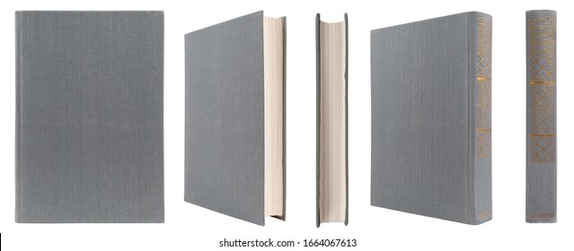 Grey book with cloth cover on a white isolated background.