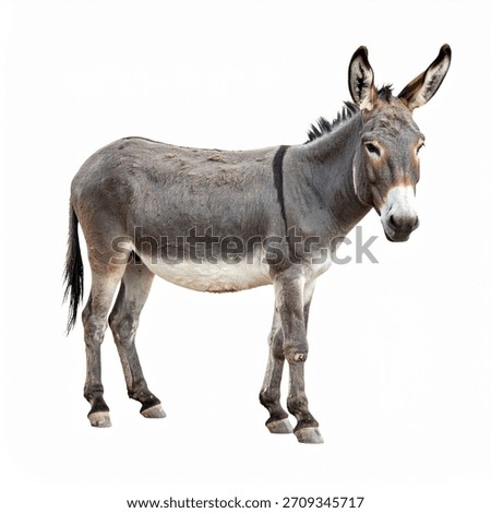 A grey and brown donkey with a white muzzle stands facing the camera, isolated on a clean white background.