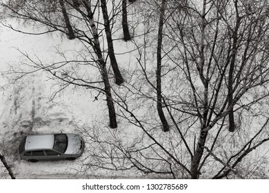 grey car parked or got stucked among the trees on the lawn covered with snow. top view