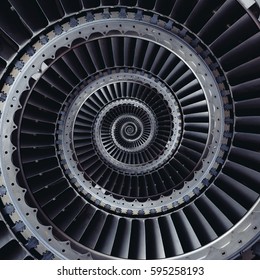 Grey colors turbine blades wings round spiral pattern background. Industrial technology abstract turbine background with spiral effect to infinity
