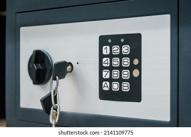 Grey Compact Safe With Key And Combination Lock. Deposit Module For Storing Money And Documents At Home And In The Office