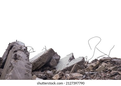 Grey concrete fragments of a destroyed building isolated on a white background. The cut object.
