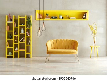 Grey Concrete Wall Background, Yellow Living Room Sofa Niche And Bookshelf With Lamp Concept.