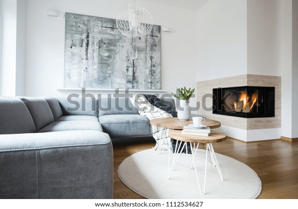 Grey Corner Settee Blankets Standing White Royalty Free Stock Image