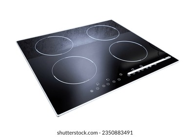 Grey countertop with black glossy built in ceramic glass induction or electric hob stove cooker with four burners isolated on white background.