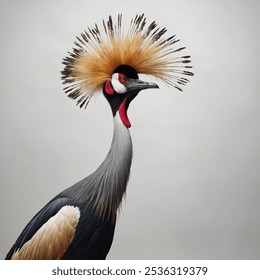 The **Grey Crowned Crane**  is a striking bird native to eastern and southern Africa. Known for its vibrant crown of golden feathers, it has a grey body, white wings with hints of - Powered by Shutterstock