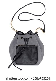 Grey Drawstring Purse With Black Pocket On White Background