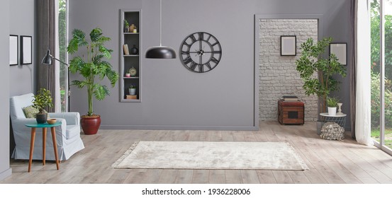 Grey Empty Room With Black Clock Lamp And Niche, Carpet Style, Office Style.