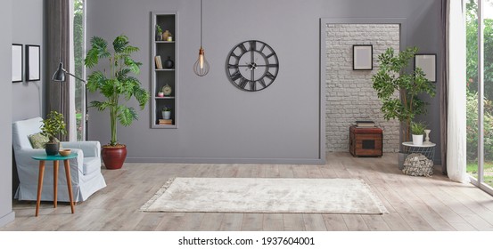 Grey Empty Room With Black Clock Lamp And Niche, Carpet Style, Office Style.