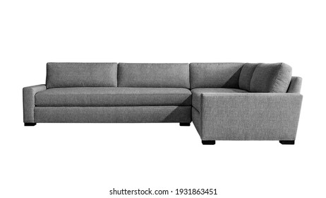 Grey fabric angular sofa on dark wooden legs isolated on white background. Series of furniture