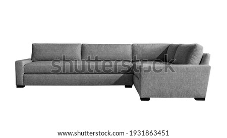Grey fabric angular sofa on dark wooden legs isolated on white background. Series of furniture