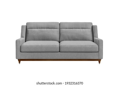 Grey Fabric Sofa On Wooden Legs Isolated On White Background. Series Of Furniture