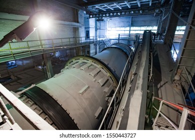 Grey Factory Ball Mill In Factory Workshop. Phosphoric Fertilizers Production Plant. No People.