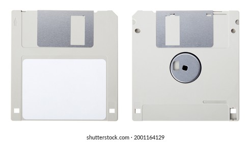 Grey floppy disk, front and back with blank label isolated on white background, clipping path
