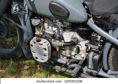 Grey German Wehrmacht BMW R75 Motorcycle Engine Closeup & Details.