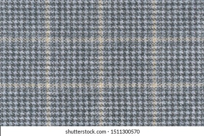 Grey Glenurquhart Check Is Made Of Woolen Fabric. Herringbone Tweed, Wool Background Texture. Coat Close-up. Expensive Men's Suit