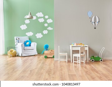 grey and green wall decoration modern baby room and all kind of baby object in the room. bed cabinet and toys style